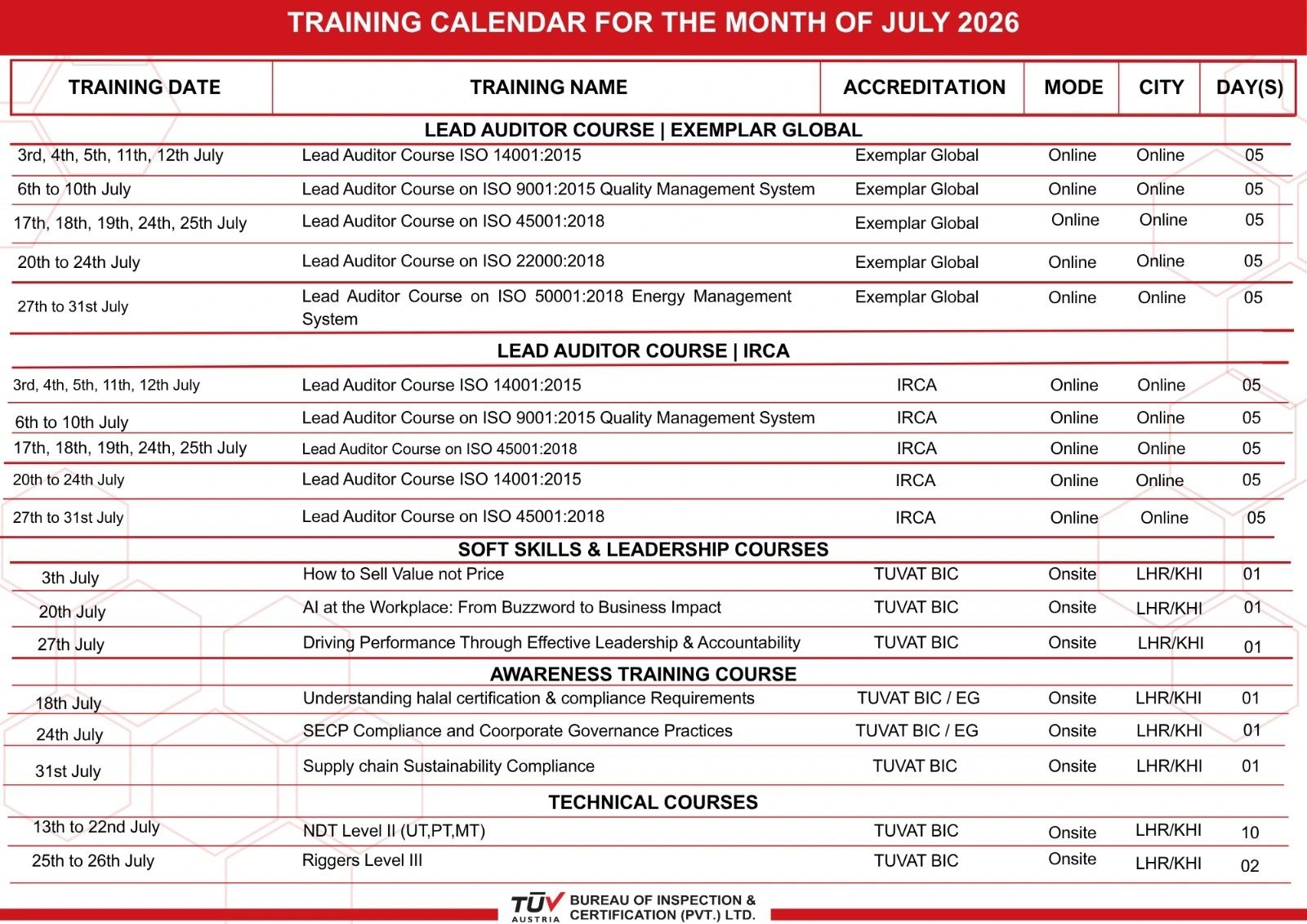 July 2026 Training Calendar