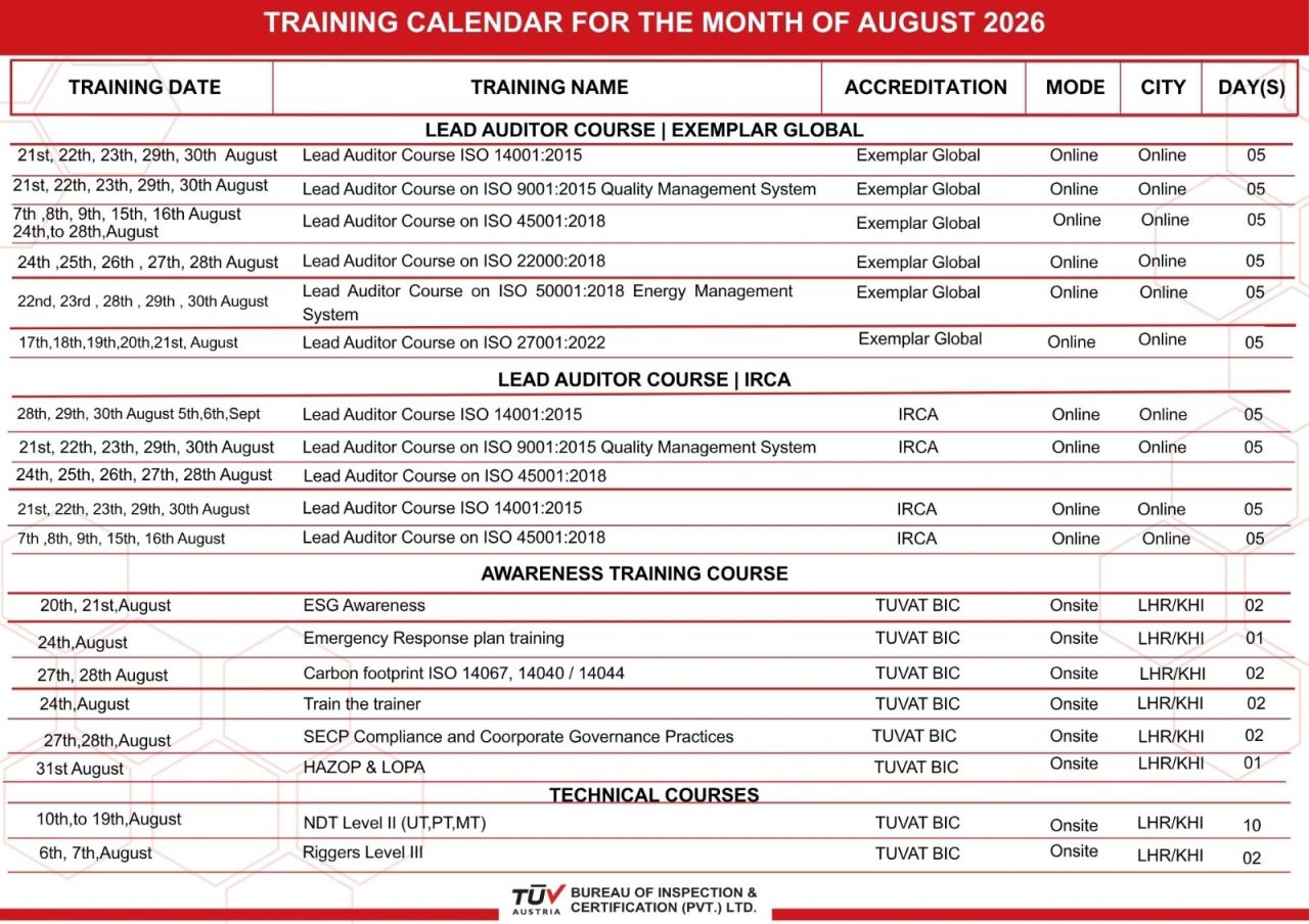 August Training Calendar
